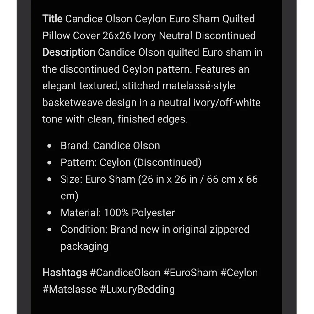 Candice Olson Ceylon Euro Sham Quilted Pillow Cover 26x26 Ivory Neutral NEW